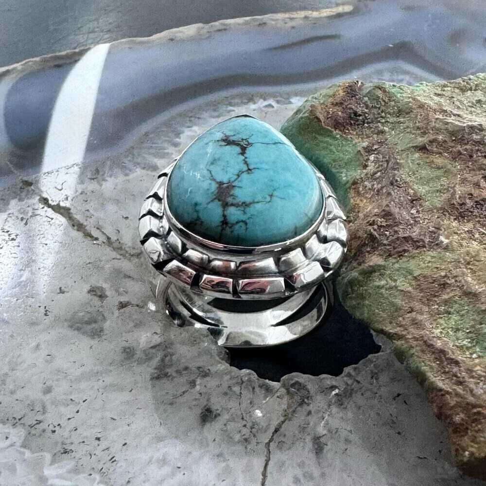 Sterling Southwestern Style Teardrop Tibetan Turquoise Ring Size 7.75 For Women